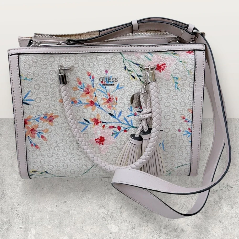 GUESS Floral Monogram Satchel‎ Bag Pink Multi PR681906 Braided Handle Tassel